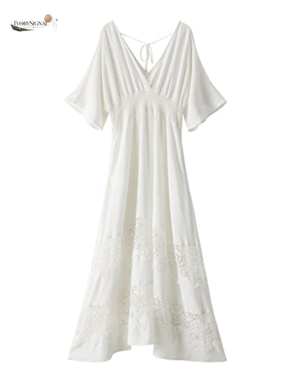 Boho Maxi Dress V Neck Short Sleeve Lace Smocked Waist Flowy